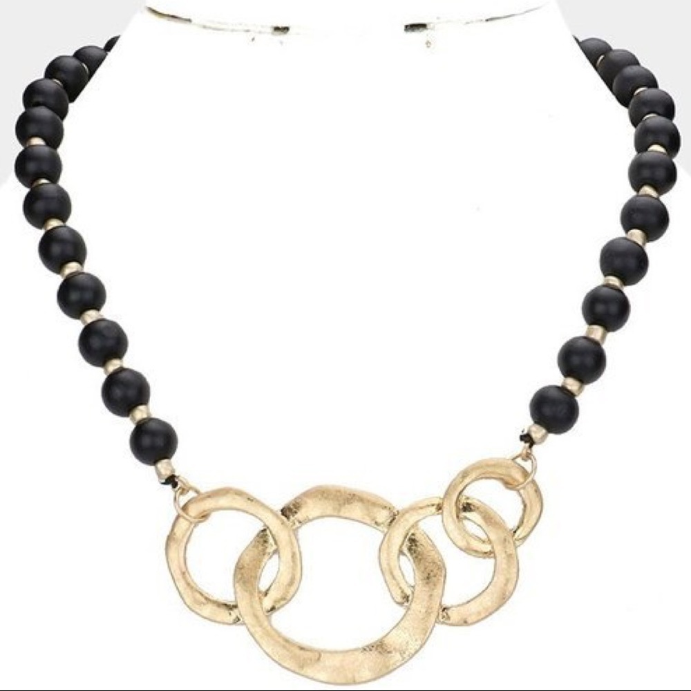 Black and Gold Irregular Open Circle Link Wood Necklace